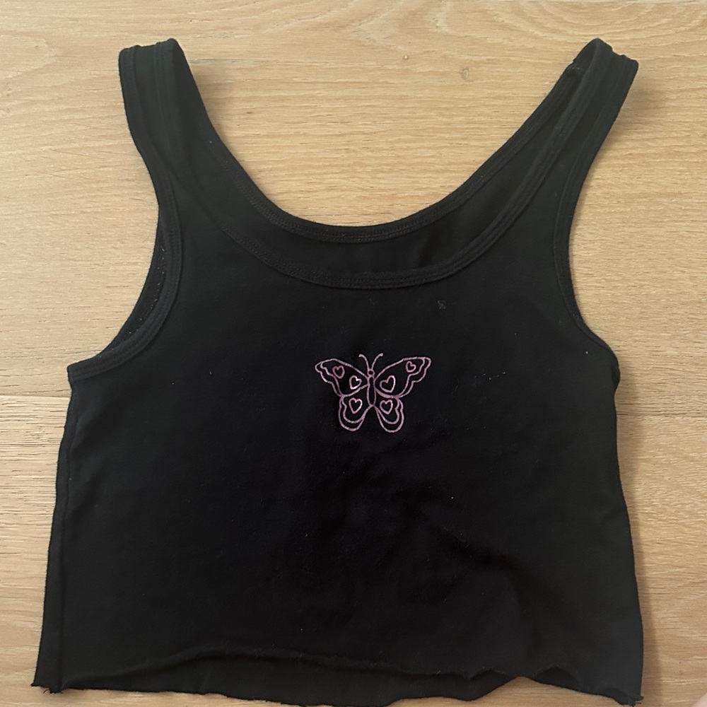 a new day Black Tank Top with Pink Butterfly Embroidery